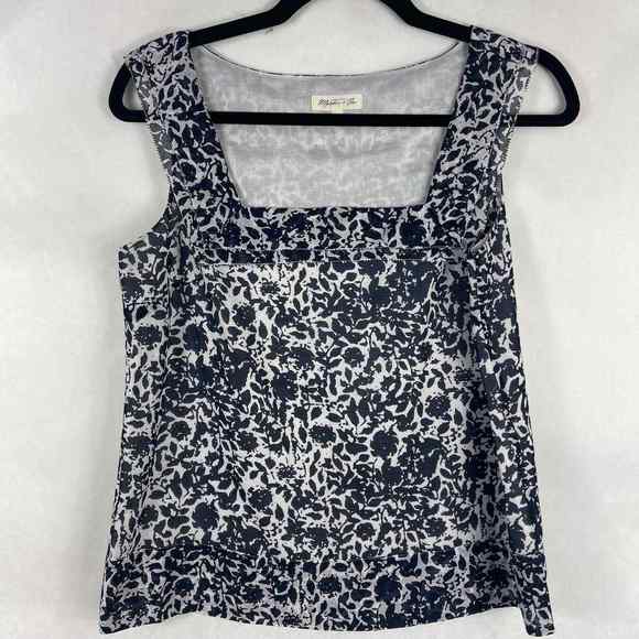 Martin + Osa Floral Top Square Neckline Navy Blue White Cotton Silk Size 2 - Picture 1 of 5